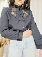 Load image into Gallery viewer, 80s vintage black sheer embroidery bow collar blouse
