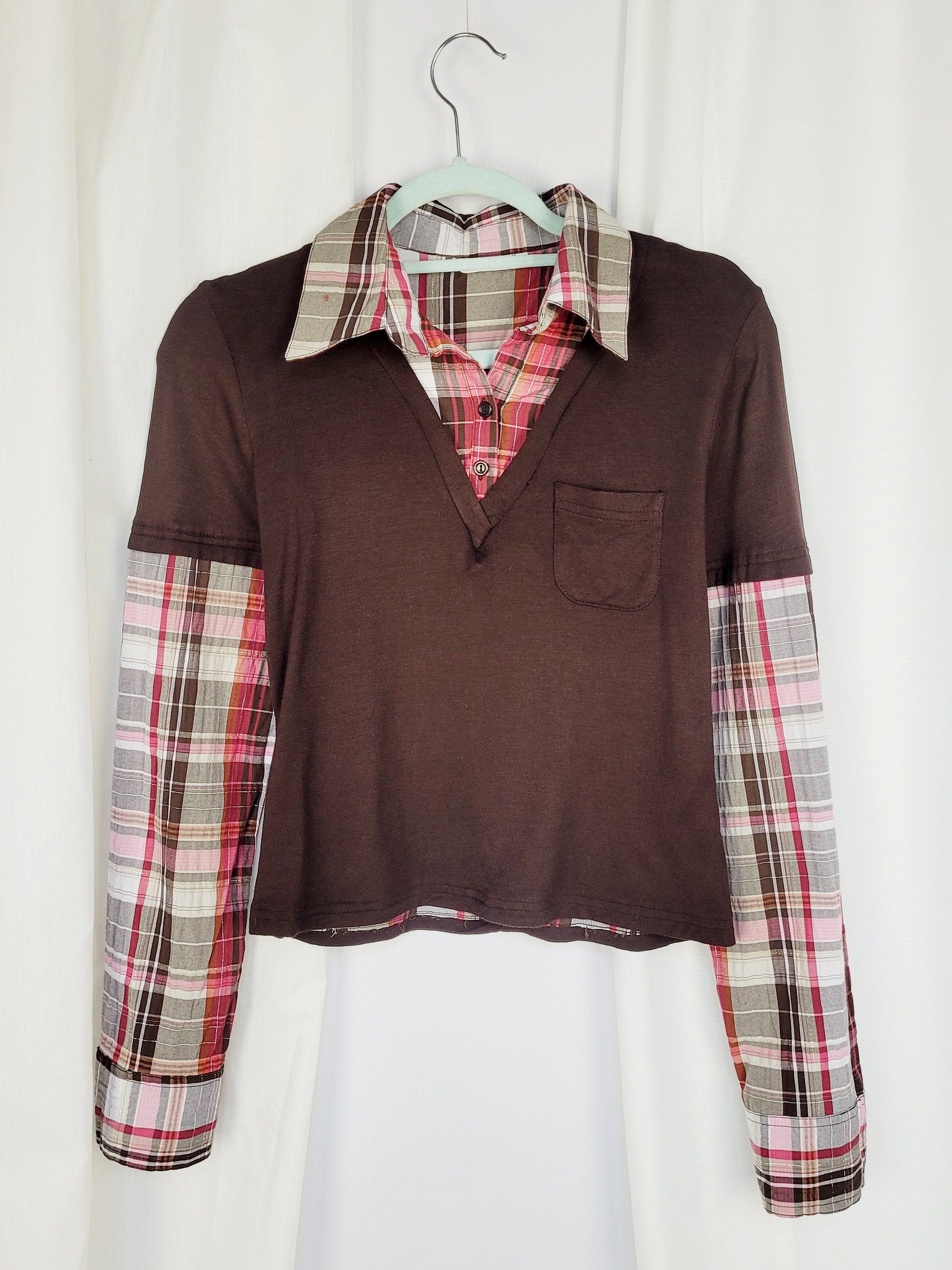 Y2K combo t-shirt blouse brown collared grunge top