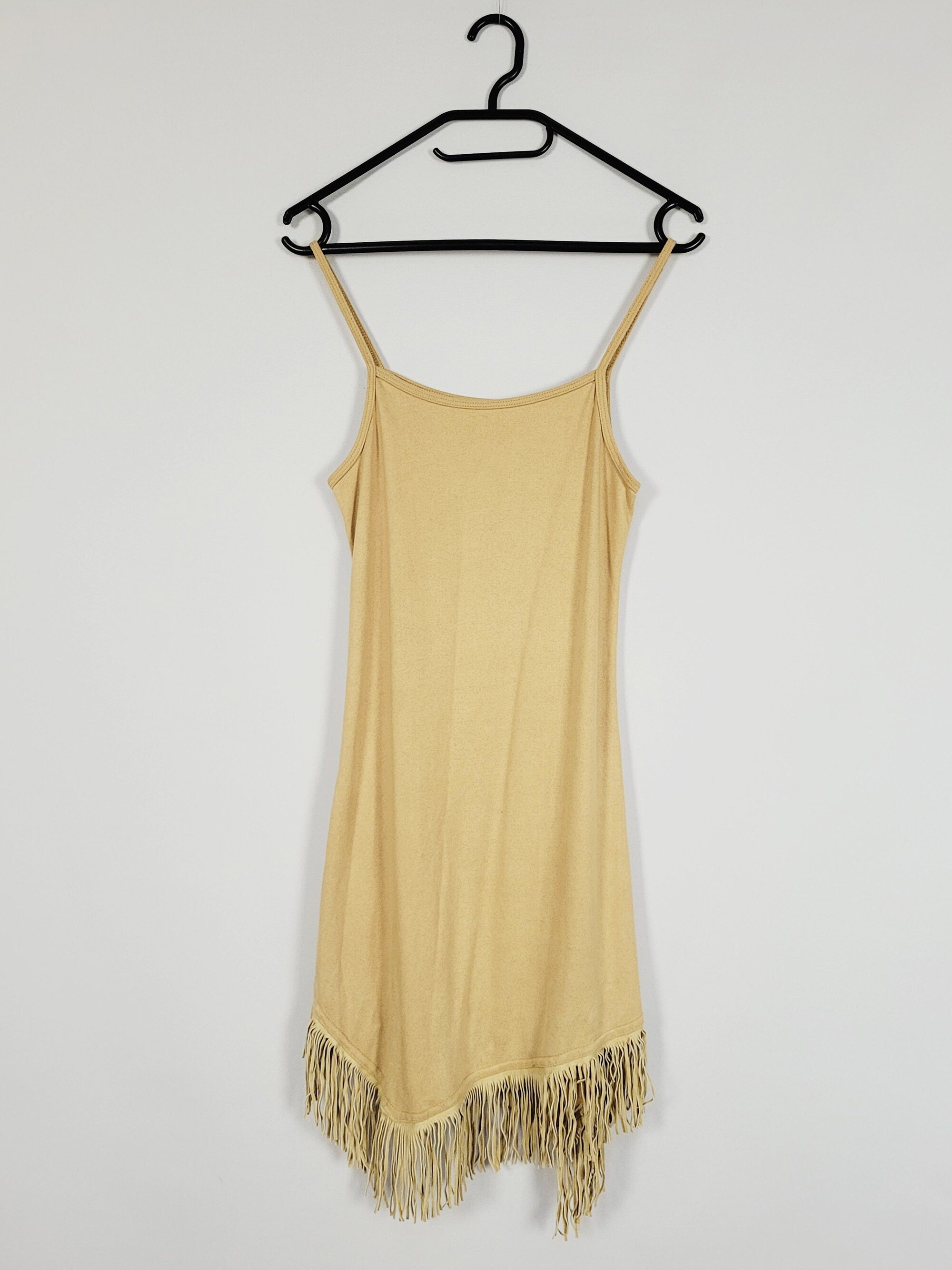 90s beige faux suede fringed summer festive mini dress