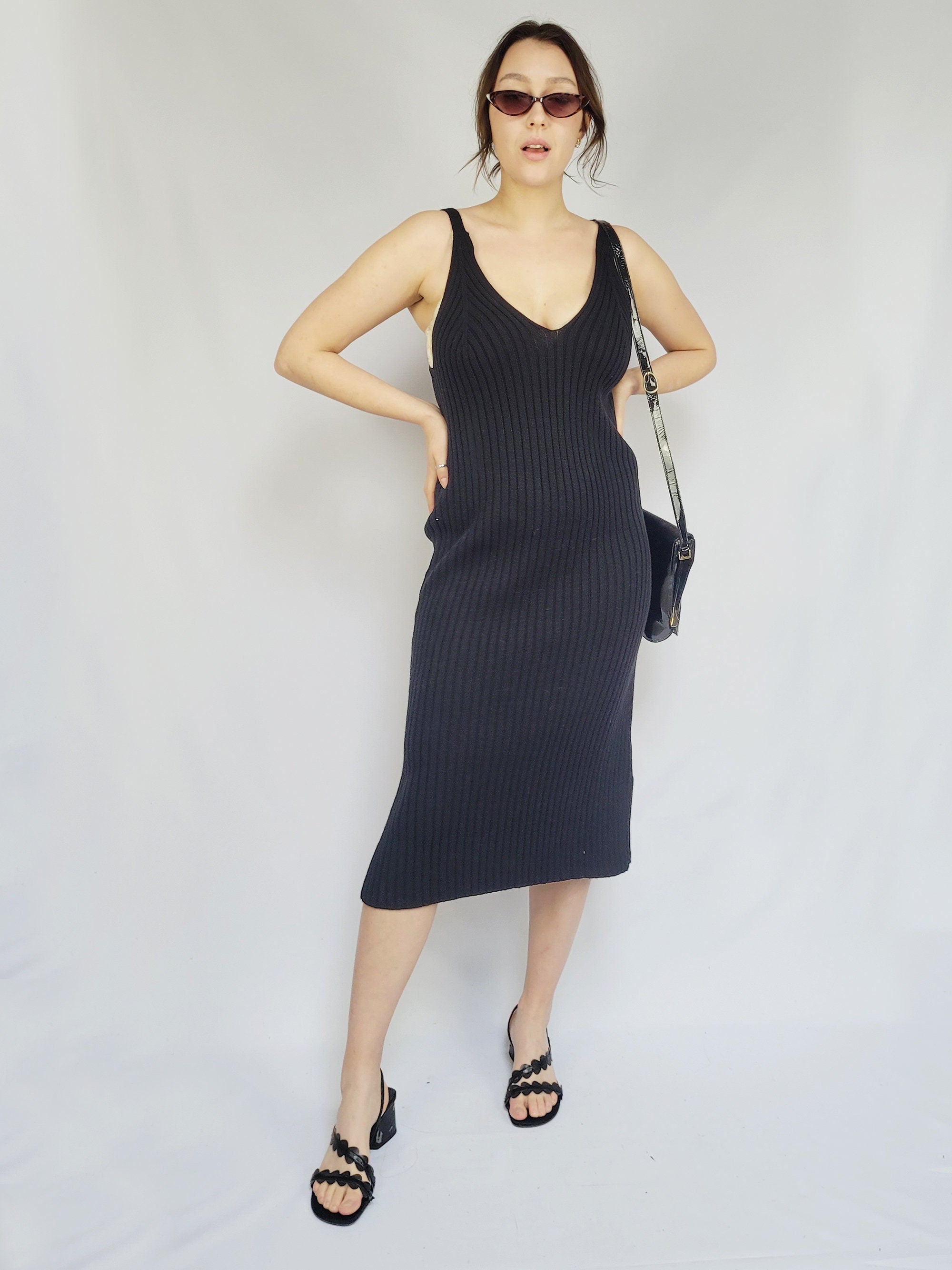 90s retro black ribbed knit minimalist long ankle midi dress