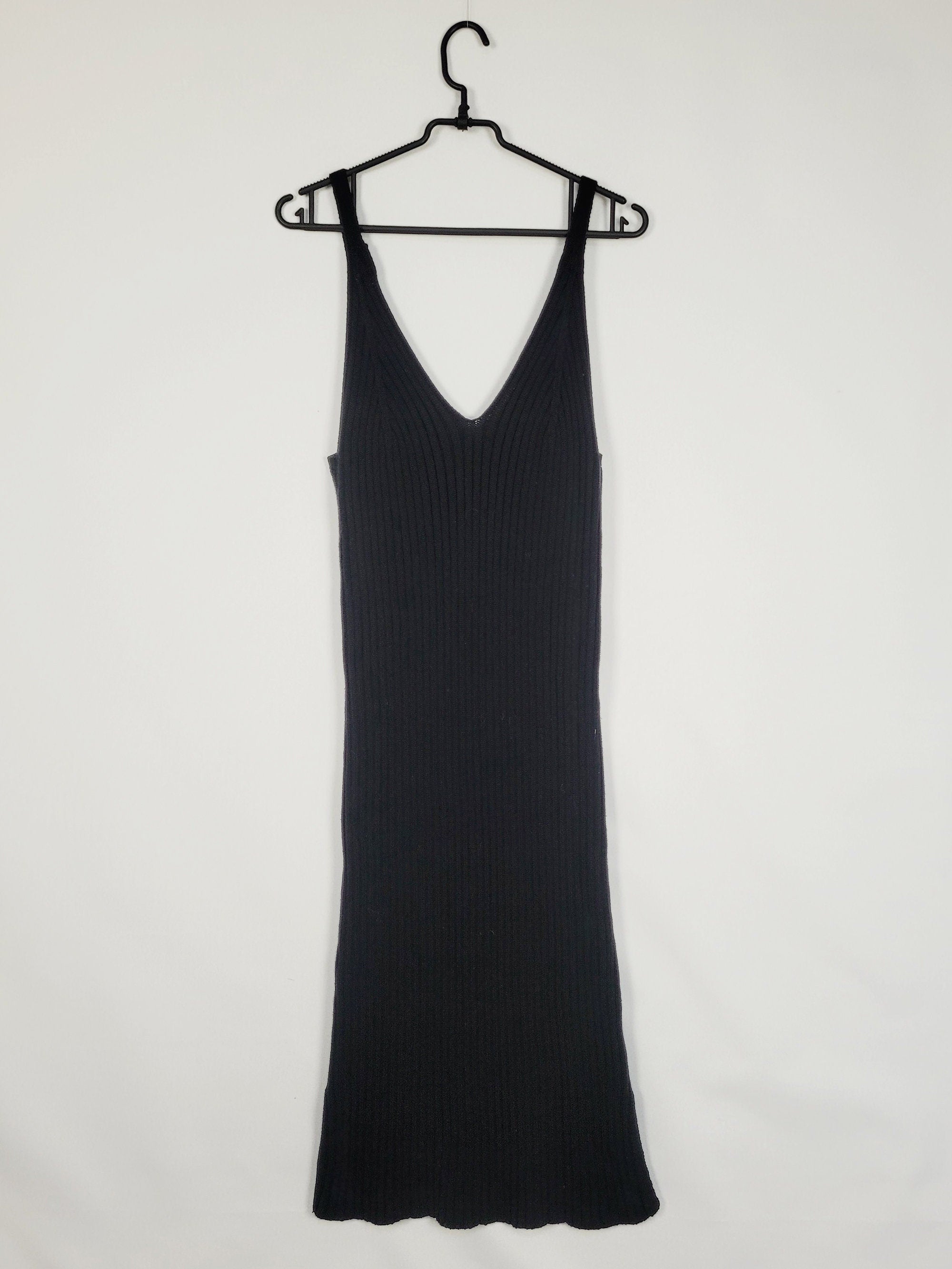 90s retro black ribbed knit minimalist long ankle midi dress