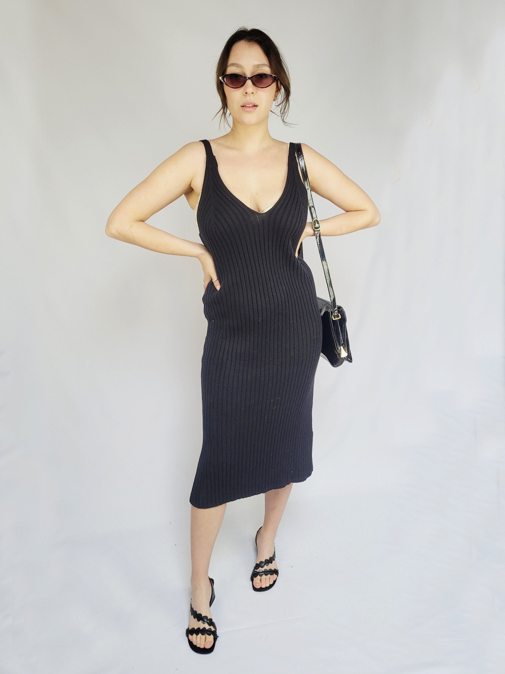 90s retro black ribbed knit minimalist long ankle midi dress