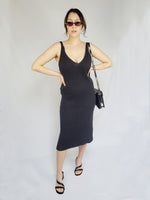 Load image into Gallery viewer, 90s retro black ribbed knit minimalist long ankle midi dress
