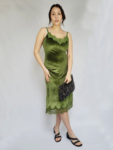 90s retro moss green velveteen minimalist laces midi dress