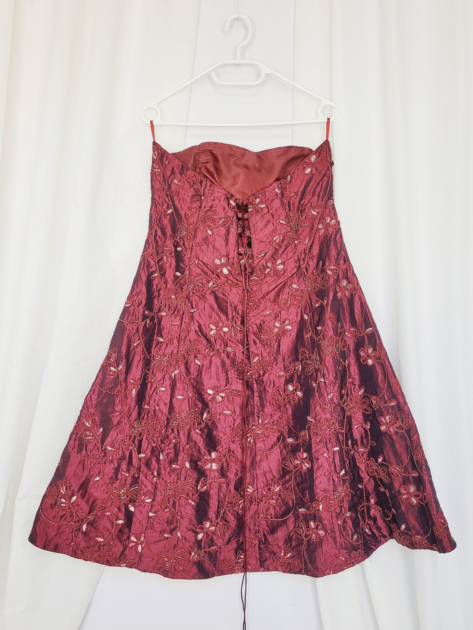Vintage 90s retro burgundy embroidered bandeau Prom dress
