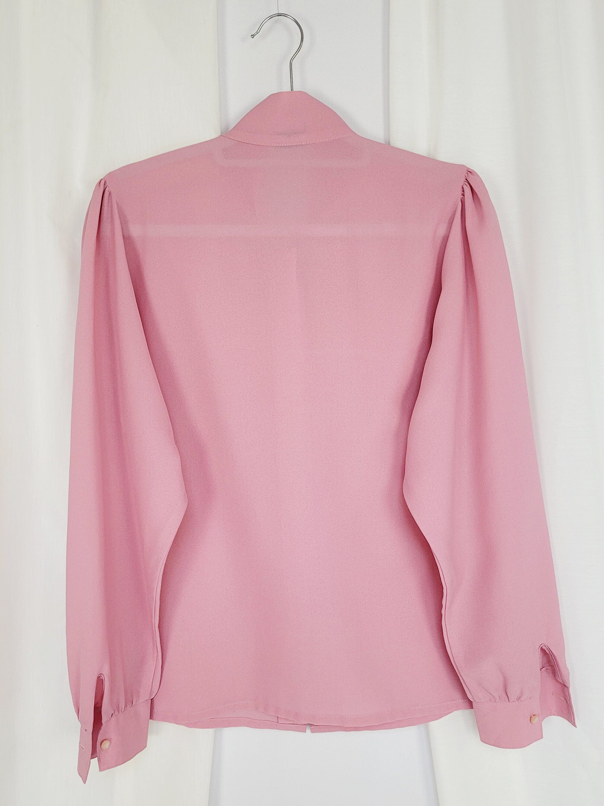 90s vintage pastel pink puff sleeve bow collar blouse top