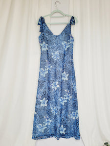 Retro 90s blue floral minimalist occasional ankle maxi dress