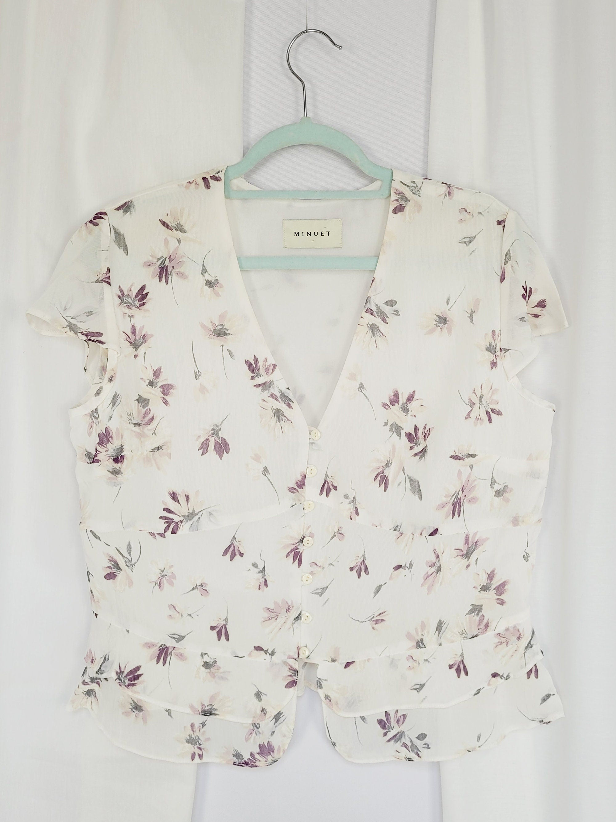 Retro 90s white romantic summer floral short sleeve blouse