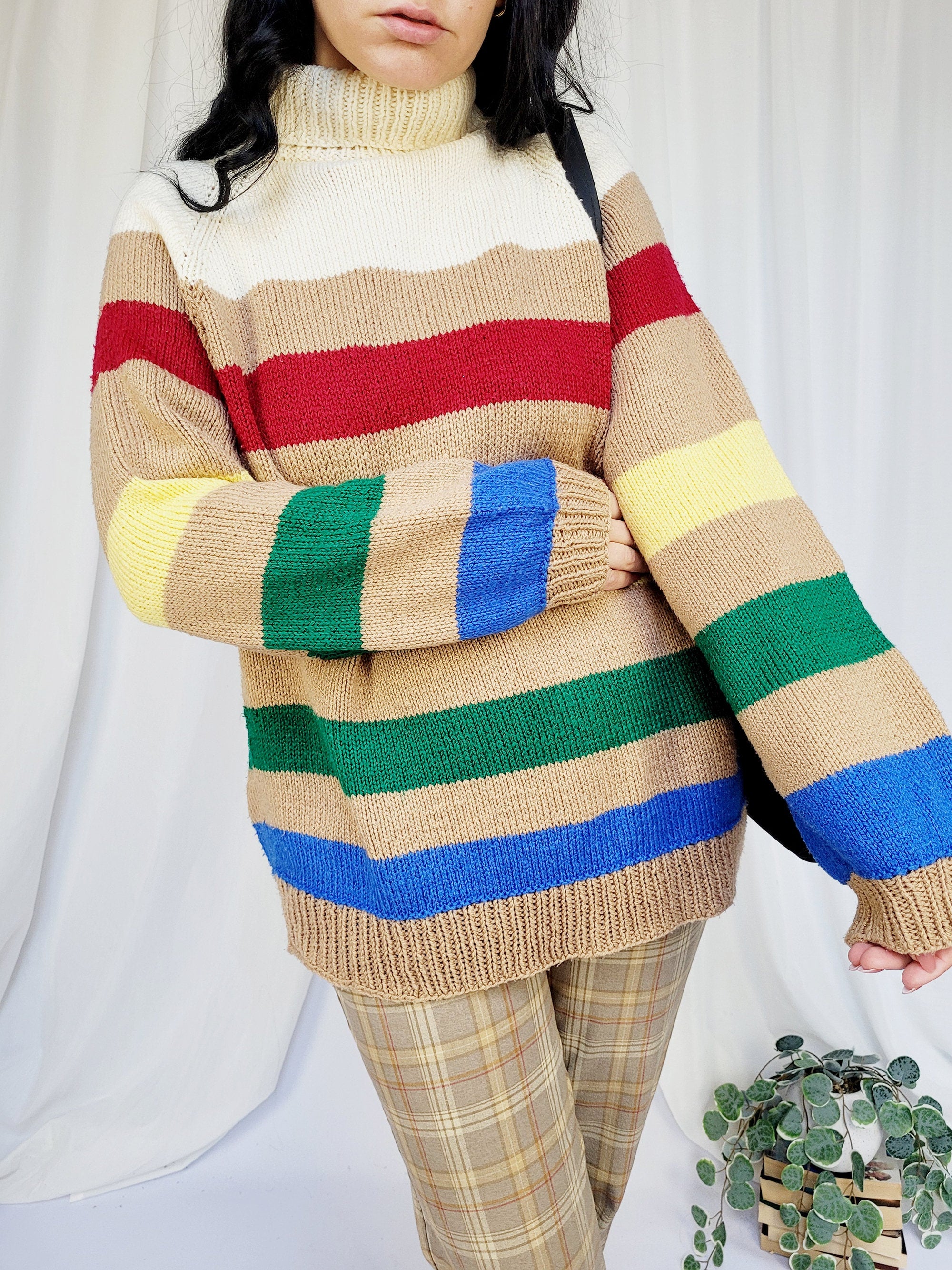 Retro 90s handknit striped colorful minimalist sweater top