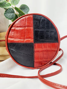 Vintage 90s black red patchwork round small crossbody bag