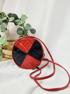 Vintage 90s black red patchwork round small crossbody bag
