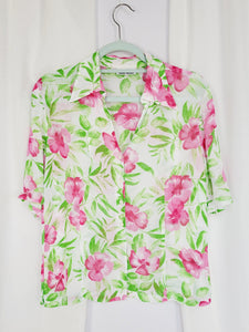 Vintage 90s sheer colorful pink floral short sleeve blouse