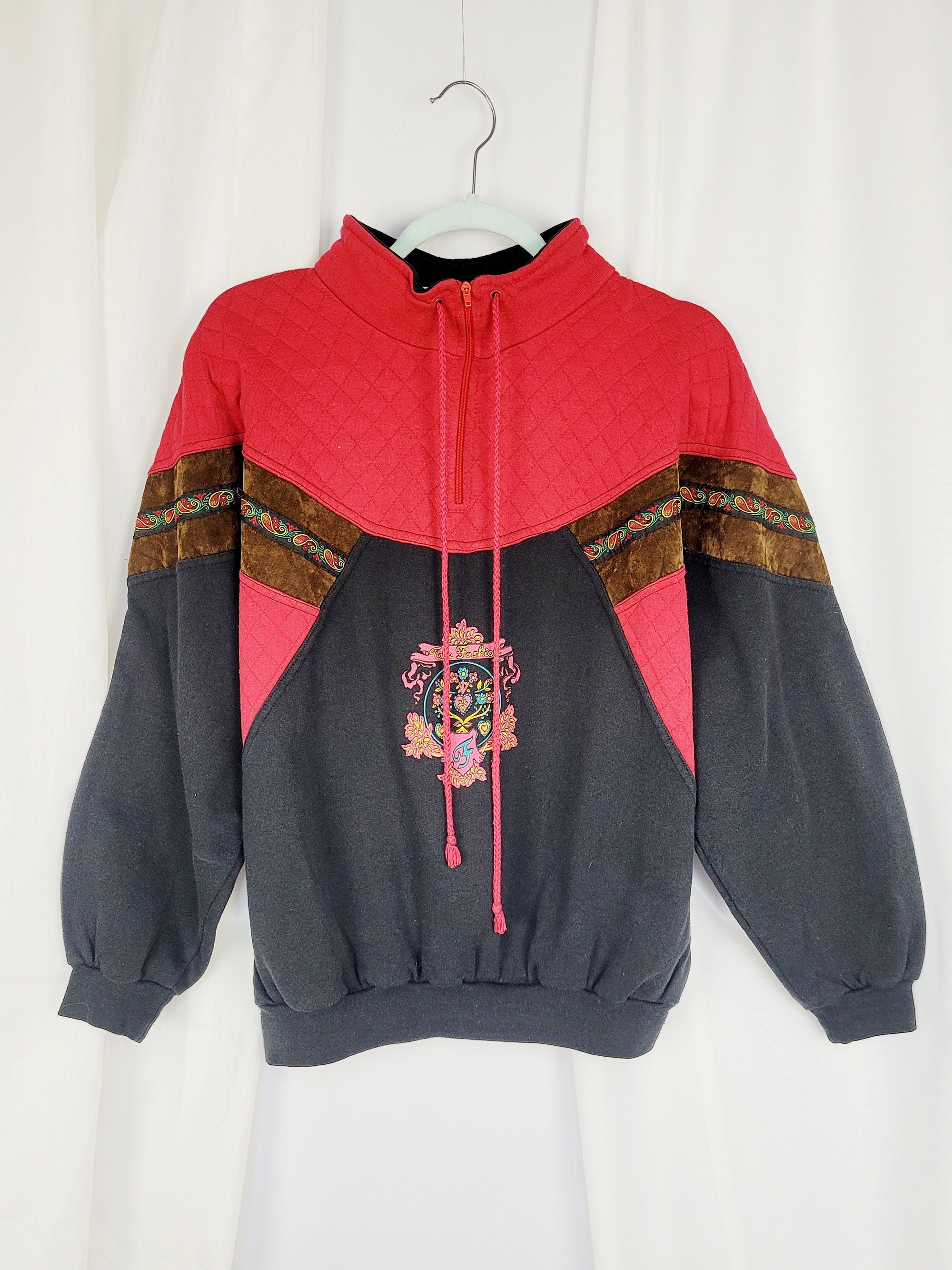 Vintage 90s red black sports grunge quarter zip sweatshirt