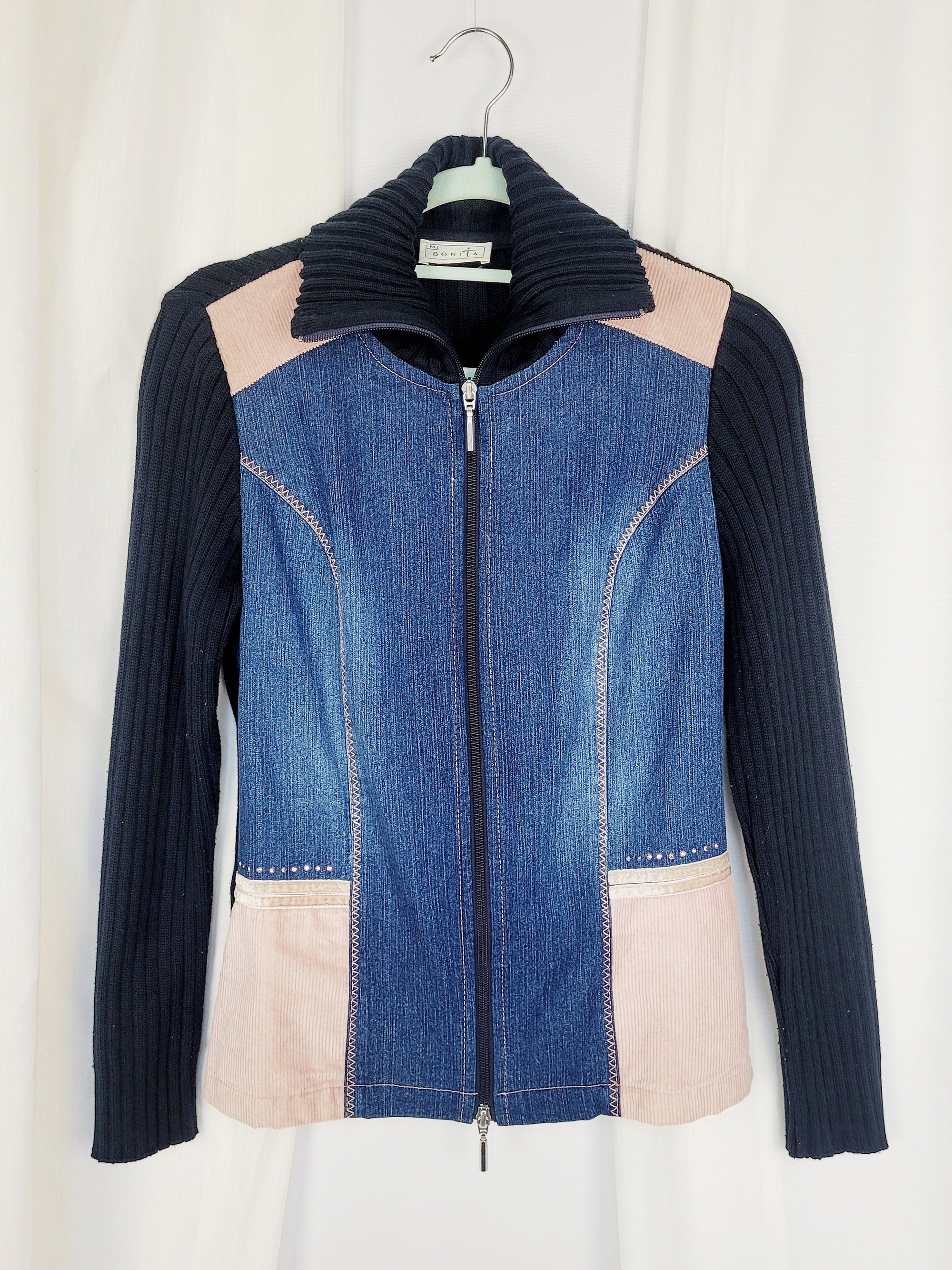 90s vintage retro denim knit combo zipped cardigan jacket