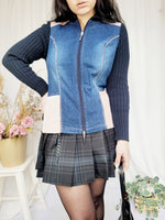 Load image into Gallery viewer, 90s vintage retro denim knit combo zipped cardigan jacket
