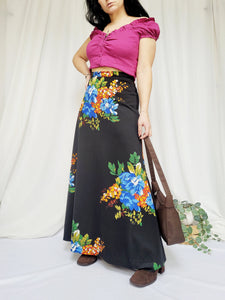 90s vintage black floral print minimalist maxi A-line skirt