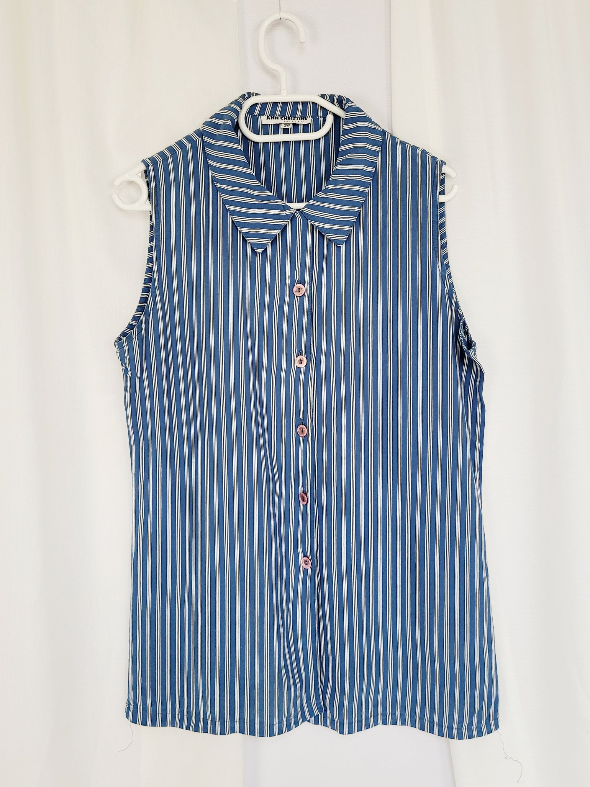 Retro 90s blue stripped sleeveless long smart casual blouse