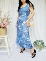 Load image into Gallery viewer, Retro 90s blue floral minimalist occasional ankle maxi dress
