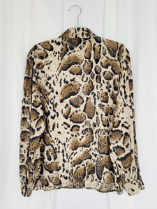 90s vintage brown animal print puff sleeve minimalist blouse
