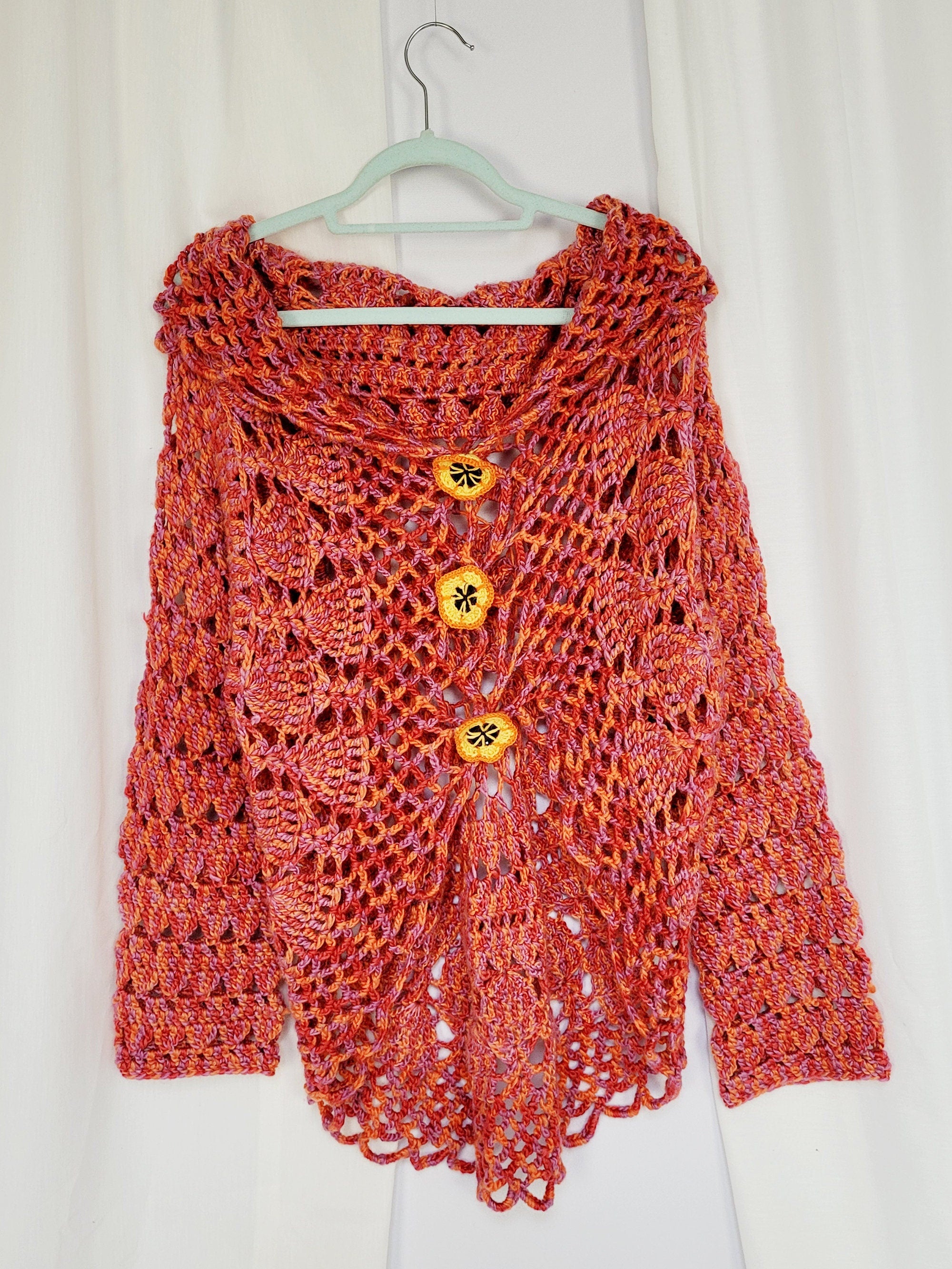 90s hand crochet knit sheer colorful pink slouchy cardigan