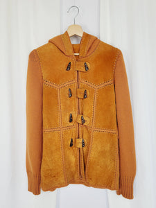 90s retro cooper knit suede patchwork zip hood jacket