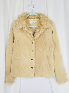 Y2K retro beige brown corduroy faux fur trim blazer jacket
