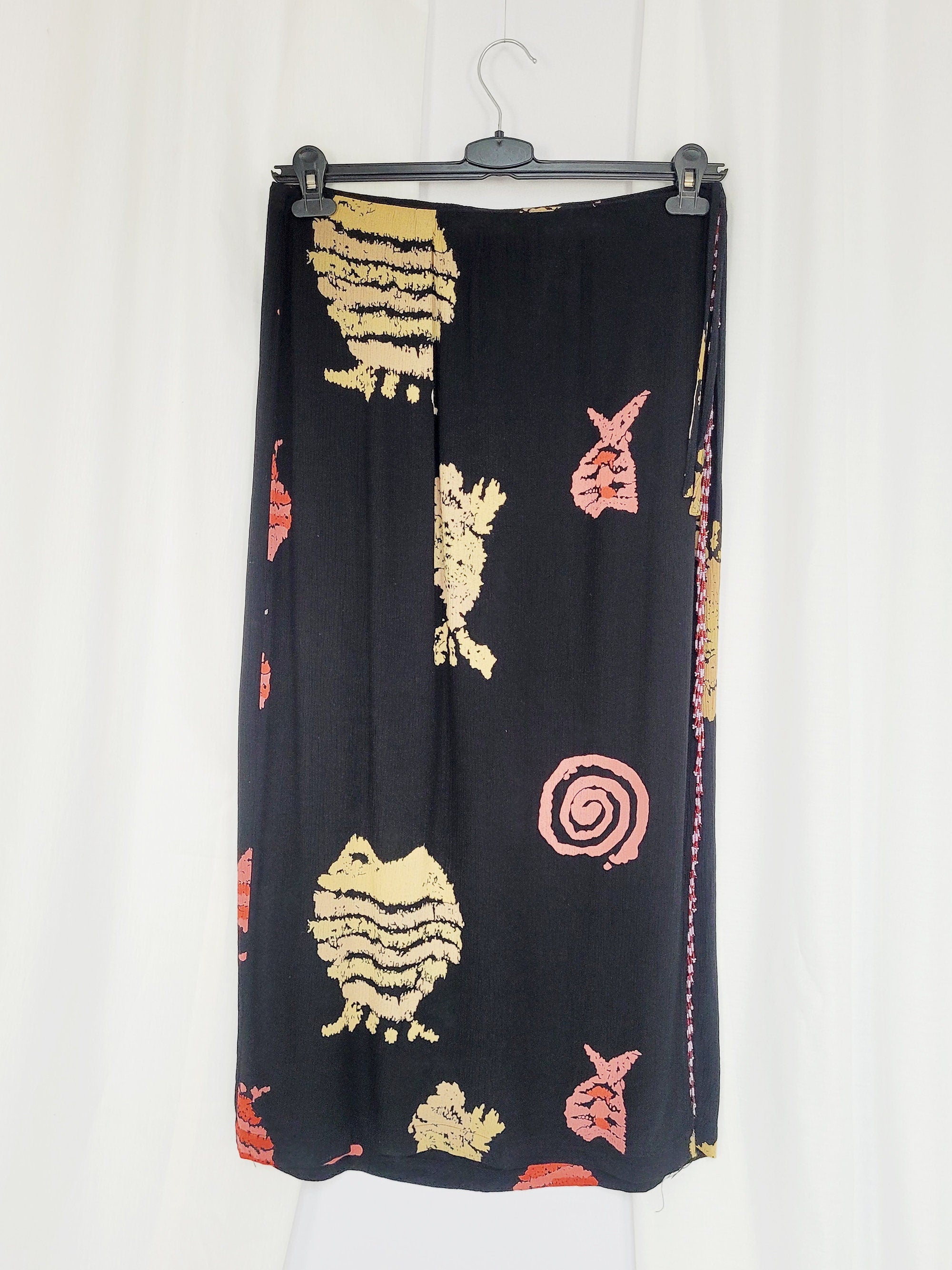 90s vintage black abstract fish print wrap ankle skirt