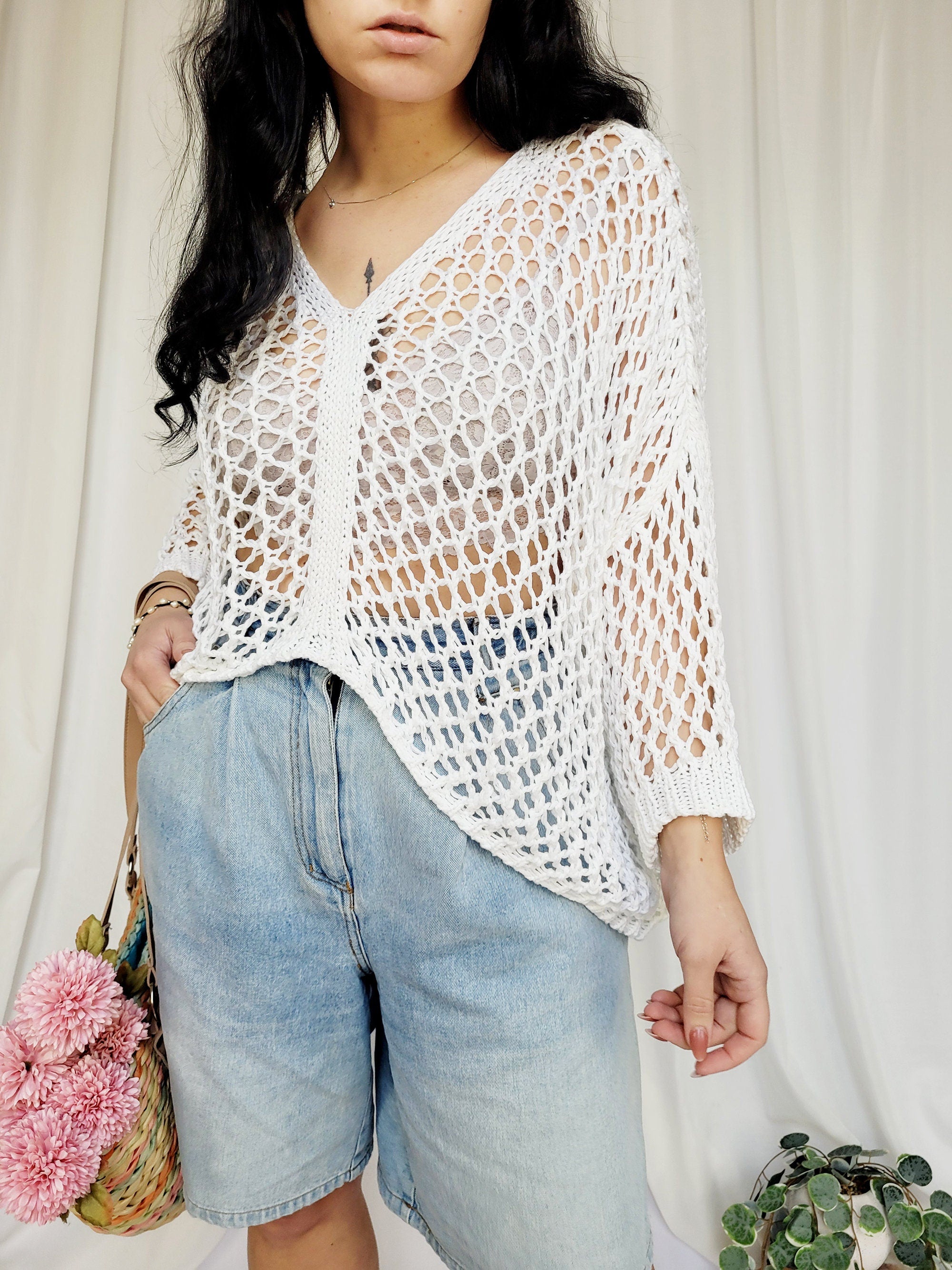 90s handmade white sheer knitted minimalist oversized top