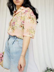 90s retro sheer colorful pink floral short sleeve blouse top