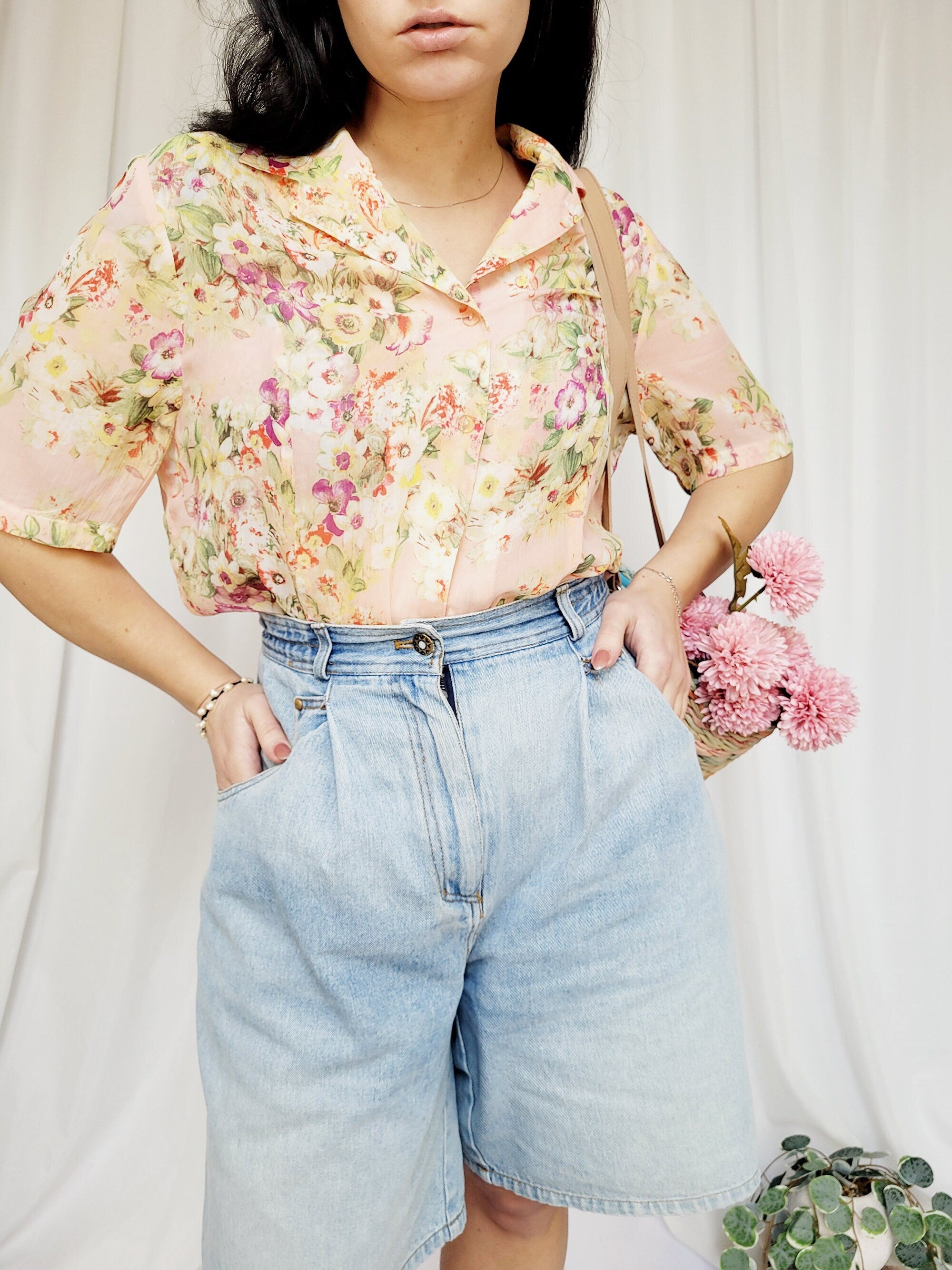 90s retro sheer colorful pink floral short sleeve blouse top