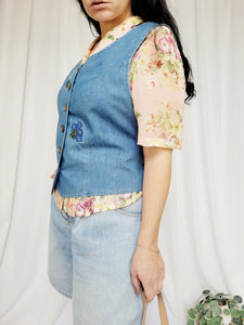 Retro 90s blue denim-like embroidery buttons corset top