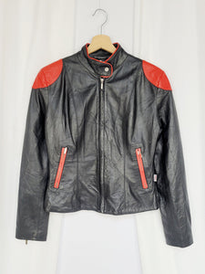 90s black genuine leather zipped woman biker jacket