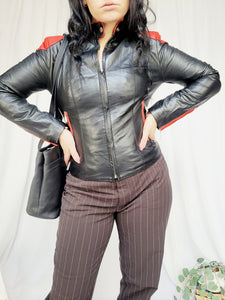 90s black genuine leather zipped woman biker jacket