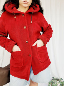 90s vintage red teddy fluffy hooded oversized coat