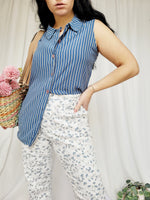 Load image into Gallery viewer, Retro 90s blue stripped sleeveless long smart casual blouse
