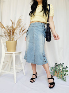 Retro 90s light blue denim jeans midi mermaid skirt