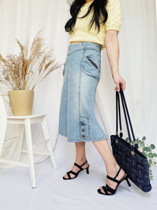 Retro 90s light blue denim jeans midi mermaid skirt