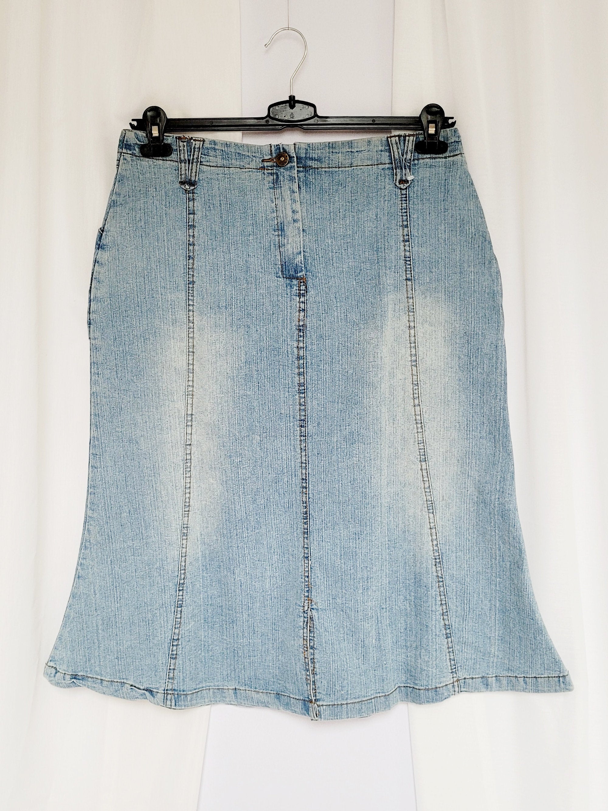 Retro 90s light blue denim jeans midi mermaid skirt