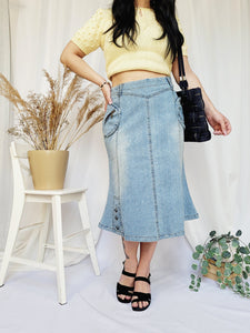 Retro 90s light blue denim jeans midi mermaid skirt