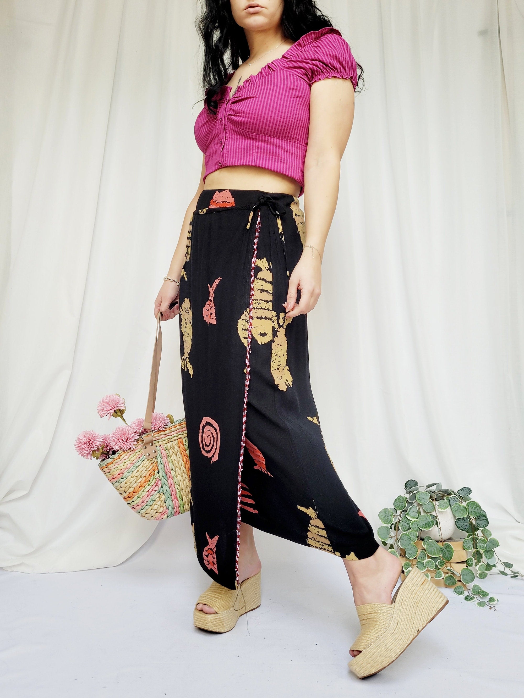 90s vintage black abstract fish print wrap ankle skirt