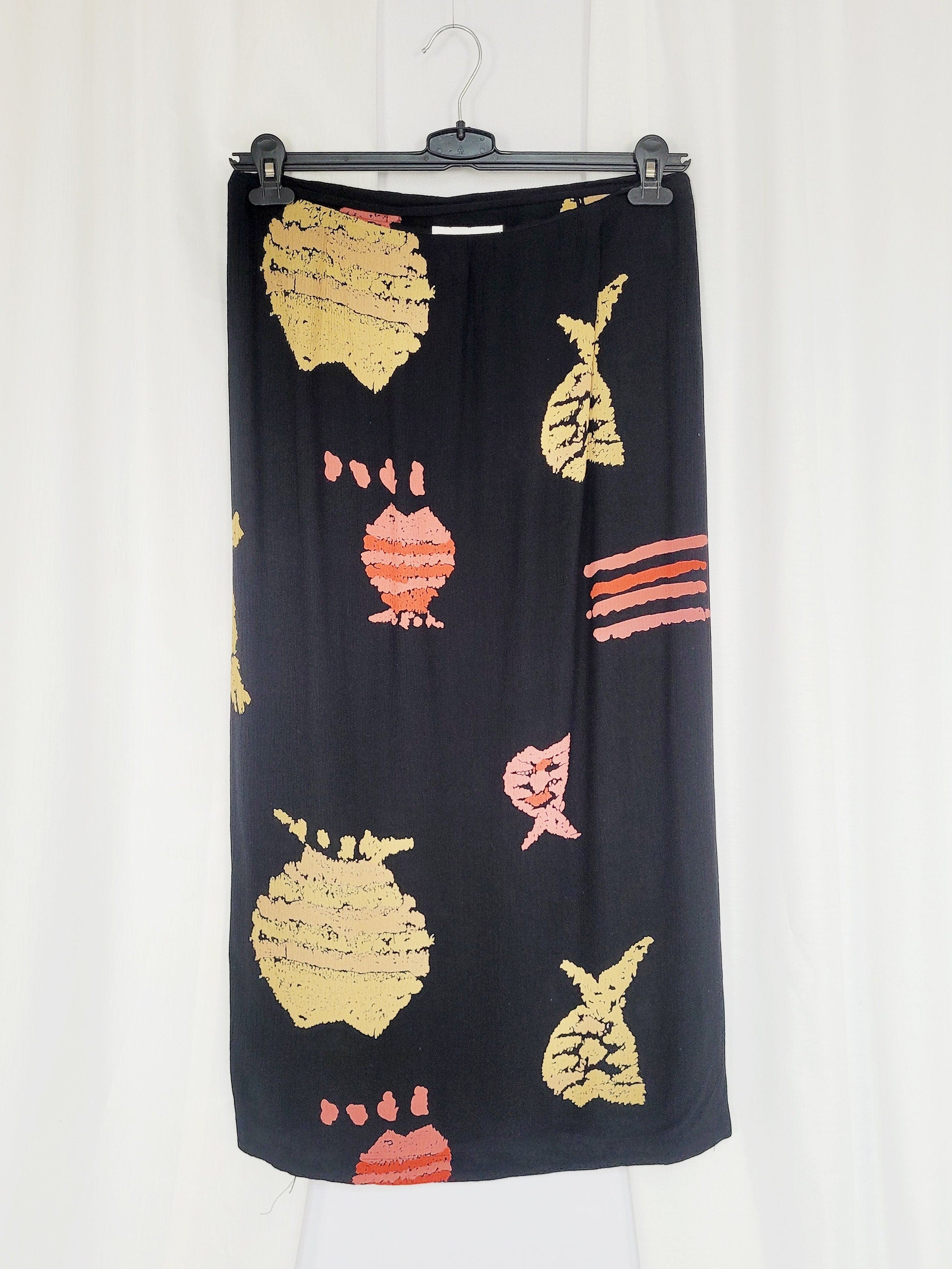 90s vintage black abstract fish print wrap ankle skirt