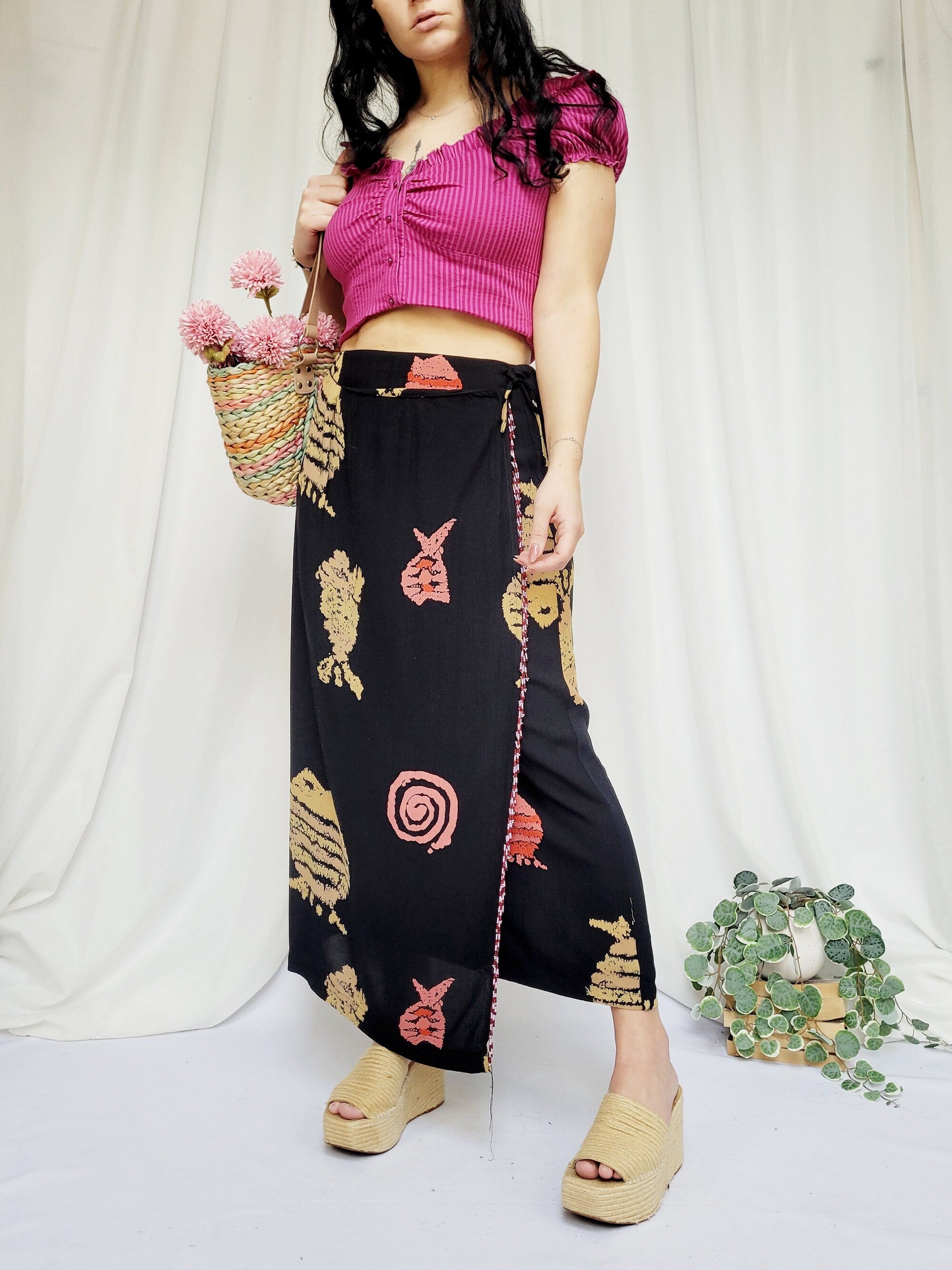 90s vintage black abstract fish print wrap ankle skirt