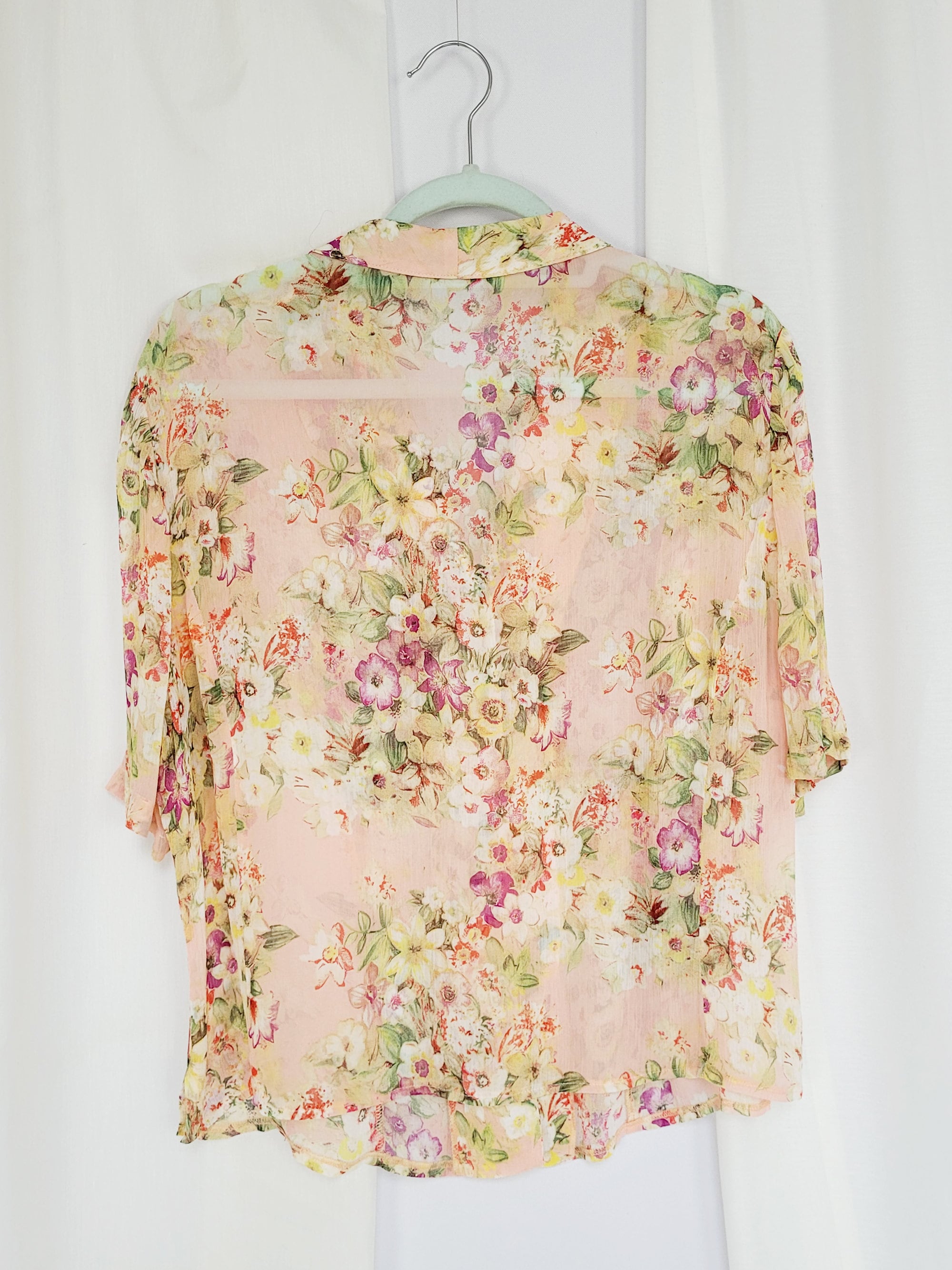 90s retro sheer colorful pink floral short sleeve blouse top