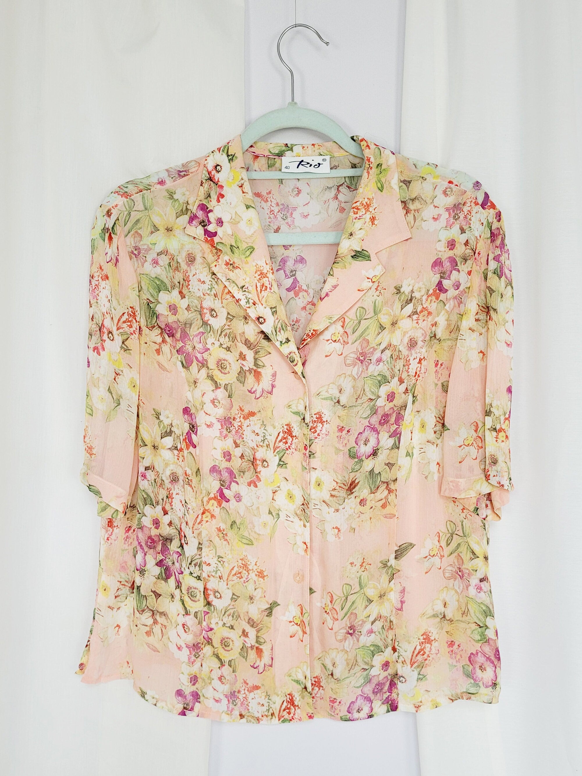 90s retro sheer colorful pink floral short sleeve blouse top