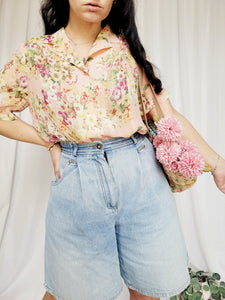 90s retro sheer colorful pink floral short sleeve blouse top