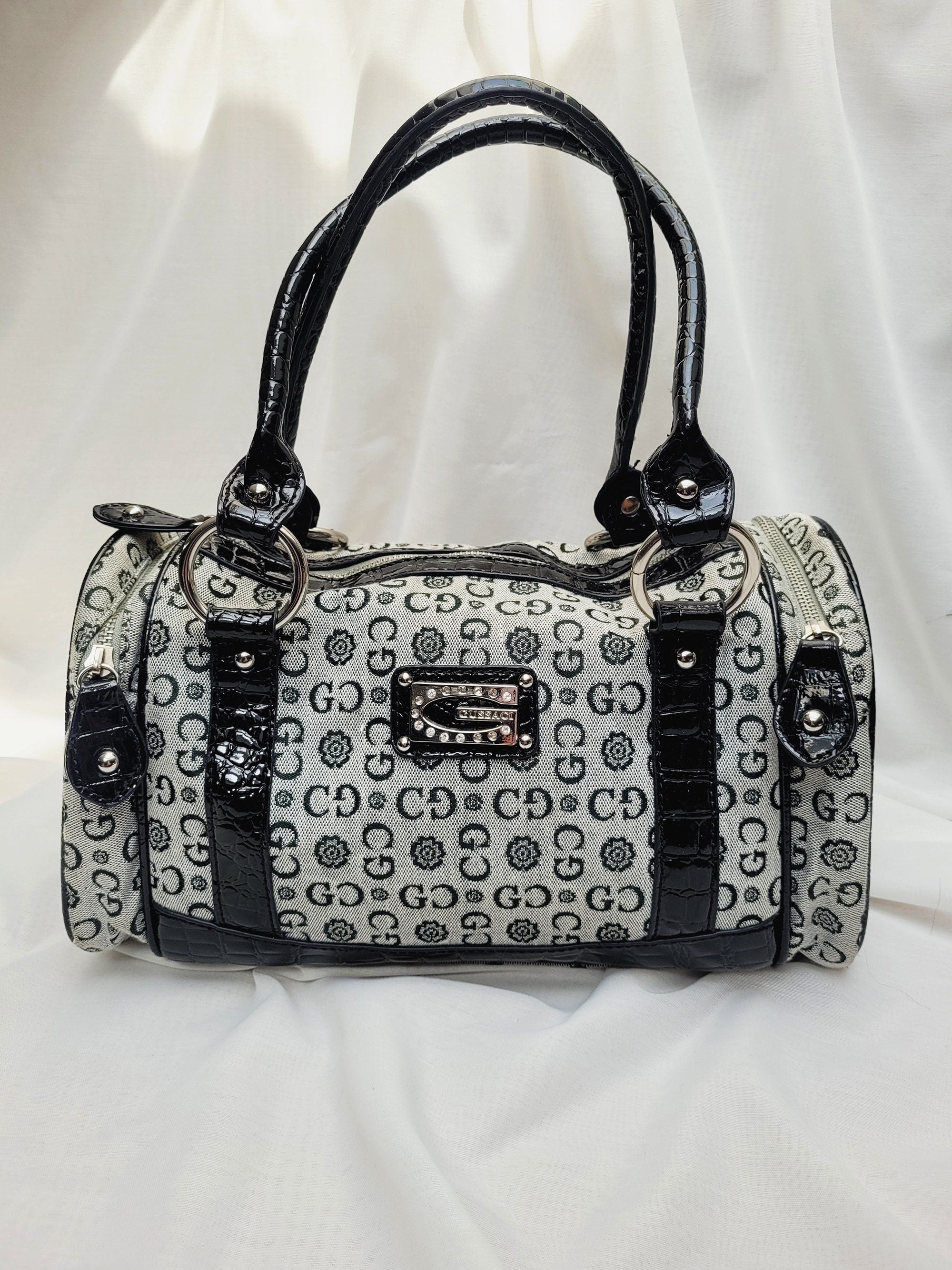 Retro Y2K black grey glossy Kitsch large shoulder handbag