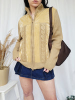 Load image into Gallery viewer, 90s brown knit velveteen combo minimalist zip cardigan
