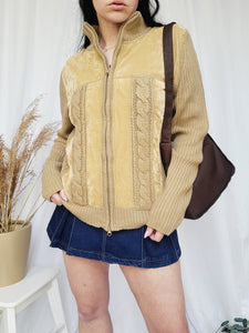 90s brown knit velveteen combo minimalist zip cardigan