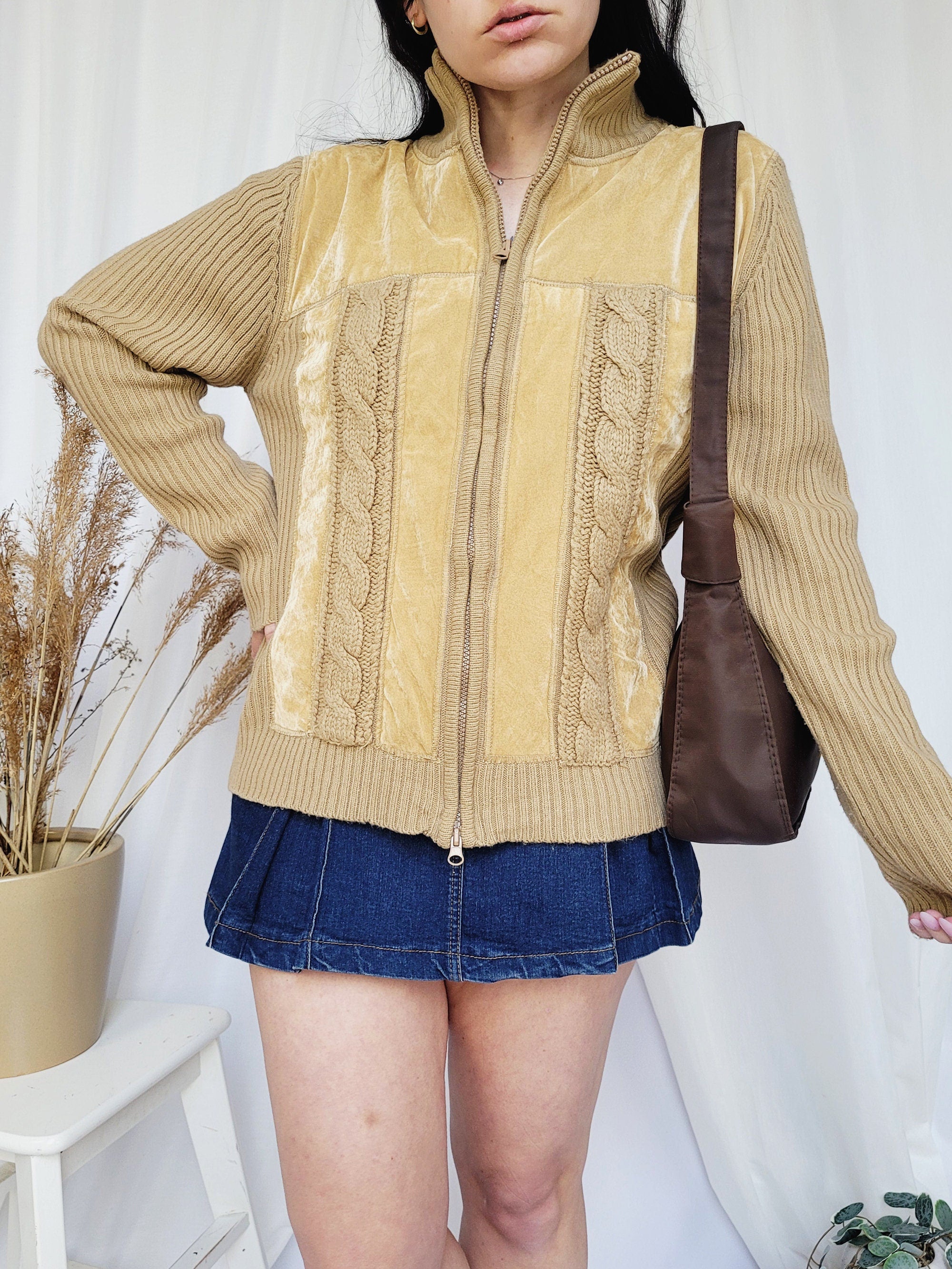 90s brown knit velveteen combo minimalist zip cardigan