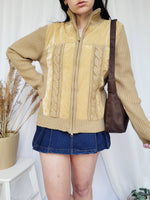 Load image into Gallery viewer, 90s brown knit velveteen combo minimalist zip cardigan
